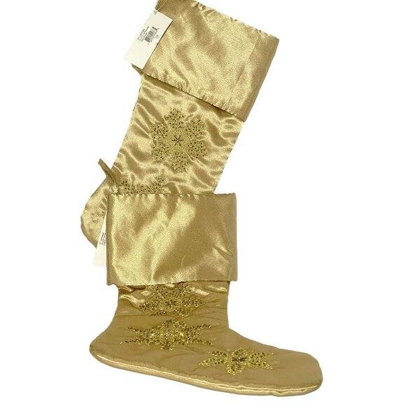 Christmas Holiday Stocking Gold Beaded Satin 2 Lot Snowflakes Elegant Lined NEW - Picture 2 of 5